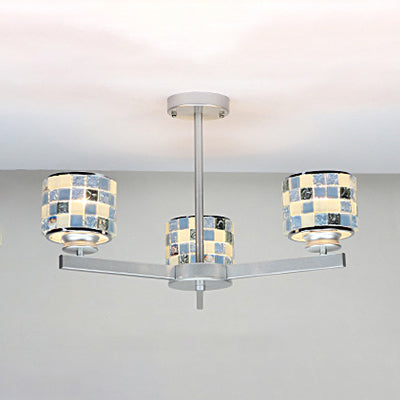 3 Lights Mosaic Chandelier with Drum Shade Modernism Indoor Pendant Light in Blue/Yellow for Bathroom Clearhalo 'Ceiling Lights' 'Chandeliers' 'Industrial' 'Middle Century Chandeliers' 'Tiffany Chandeliers' 'Tiffany close to ceiling' 'Tiffany' Lighting' 35963