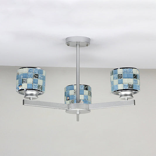 3 Lights Mosaic Chandelier with Drum Shade Modernism Indoor Pendant Light in Blue/Yellow for Bathroom Clearhalo 'Ceiling Lights' 'Chandeliers' 'Industrial' 'Middle Century Chandeliers' 'Tiffany Chandeliers' 'Tiffany close to ceiling' 'Tiffany' Lighting' 35964