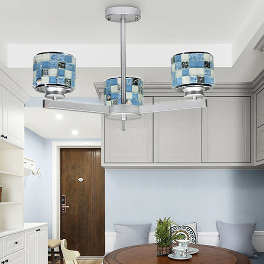 3 Lights Mosaic Chandelier with Drum Shade Modernism Indoor Pendant Light in Blue/Yellow for Bathroom Blue Clearhalo 'Ceiling Lights' 'Chandeliers' 'Industrial' 'Middle Century Chandeliers' 'Tiffany Chandeliers' 'Tiffany close to ceiling' 'Tiffany' Lighting' 35965