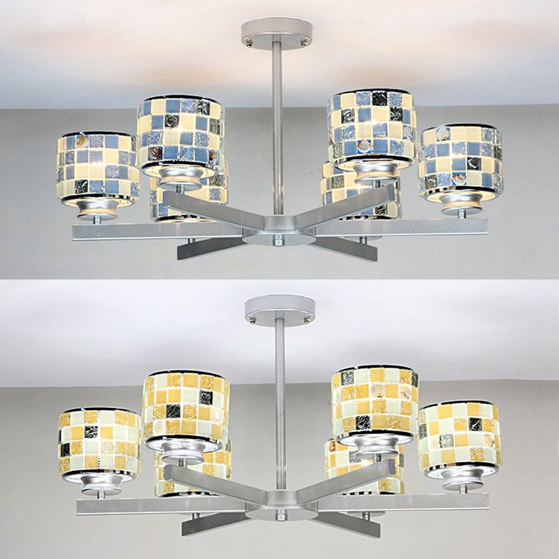 Modern Mosaic Hanging Ceiling Light 6 Lights Blue/Yellow Glass Hanging Chandelier in Chrome Finish Clearhalo 'Ceiling Lights' 'Chandeliers' 'Industrial' 'Middle Century Chandeliers' 'Tiffany Chandeliers' 'Tiffany close to ceiling' 'Tiffany' Lighting' 35967