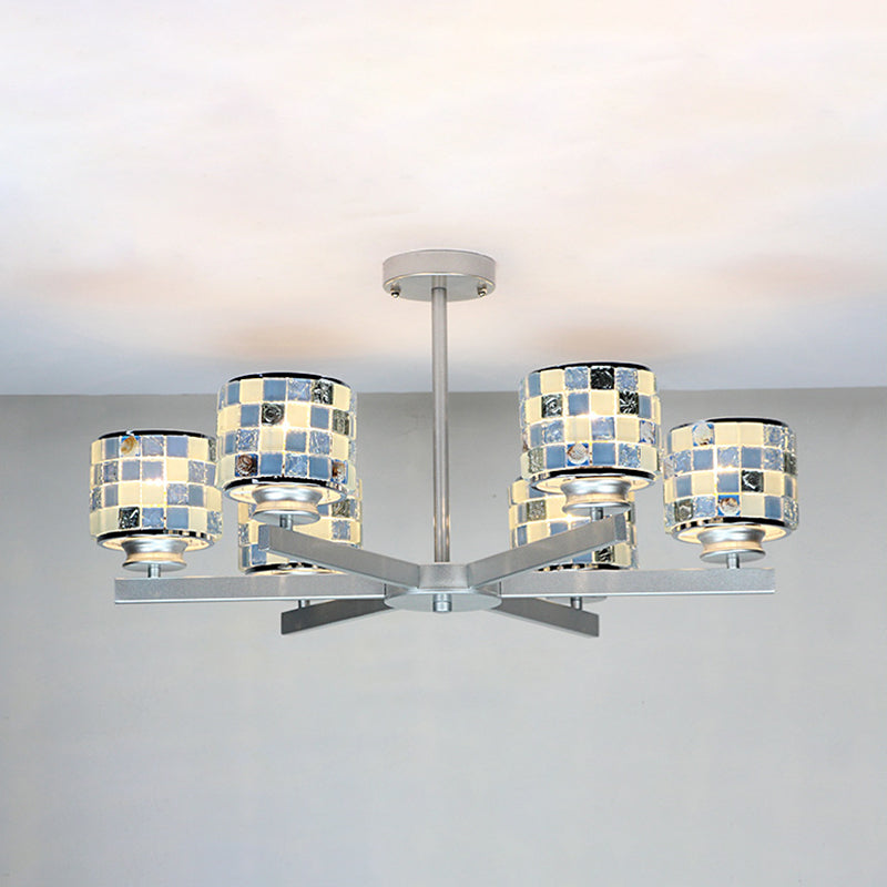 Modern Mosaic Hanging Ceiling Light 6 Lights Blue/Yellow Glass Hanging Chandelier in Chrome Finish Clearhalo 'Ceiling Lights' 'Chandeliers' 'Industrial' 'Middle Century Chandeliers' 'Tiffany Chandeliers' 'Tiffany close to ceiling' 'Tiffany' Lighting' 35968