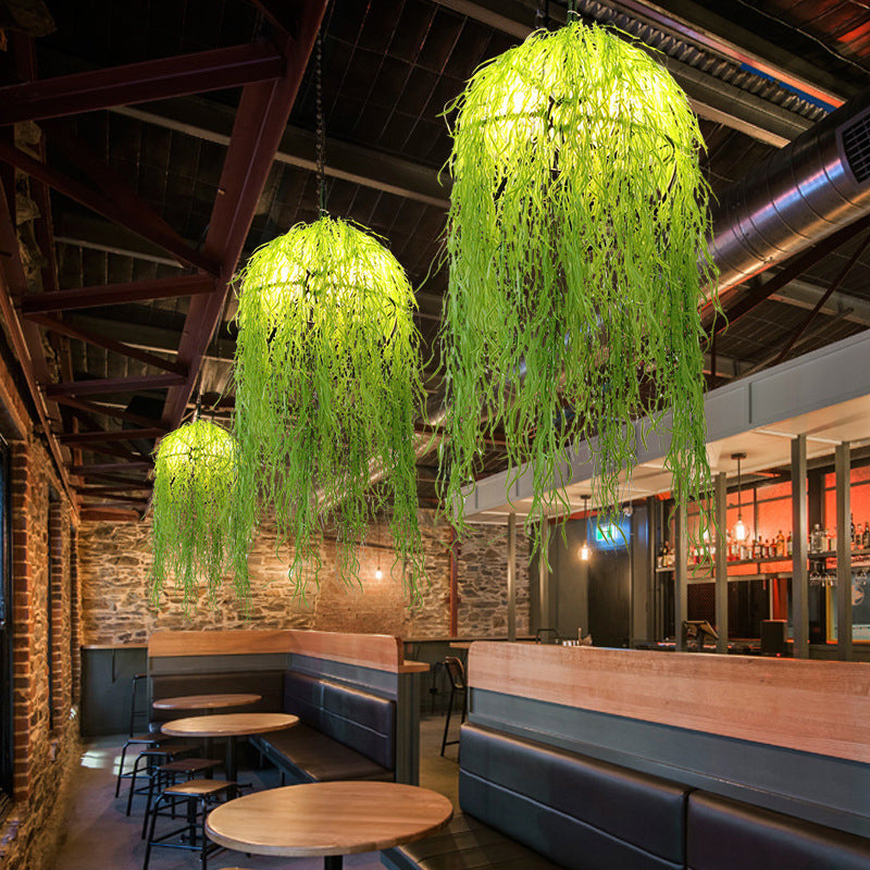 3 Heads Bell Cage Chandelier Industrial Green Metal Hanging Ceiling Light with Wicker Ornament, 18"/21.5" Wide Clearhalo 'Cast Iron' 'Ceiling Lights' 'Chandeliers' 'Industrial Chandeliers' 'Industrial' 'Metal' 'Middle Century Chandeliers' 'Rustic Chandeliers' 'Tiffany' Lighting' 359685