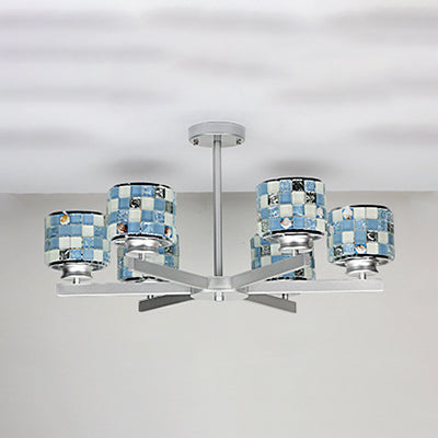 Modern Mosaic Hanging Ceiling Light 6 Lights Blue/Yellow Glass Hanging Chandelier in Chrome Finish Clearhalo 'Ceiling Lights' 'Chandeliers' 'Industrial' 'Middle Century Chandeliers' 'Tiffany Chandeliers' 'Tiffany close to ceiling' 'Tiffany' Lighting' 35969
