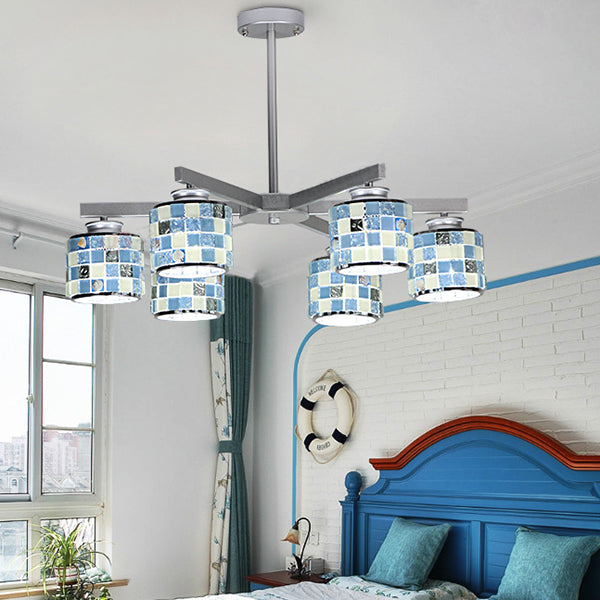 Modern Mosaic Hanging Ceiling Light 6 Lights Blue/Yellow Glass Hanging Chandelier in Chrome Finish Blue Clearhalo 'Ceiling Lights' 'Chandeliers' 'Industrial' 'Middle Century Chandeliers' 'Tiffany Chandeliers' 'Tiffany close to ceiling' 'Tiffany' Lighting' 35970