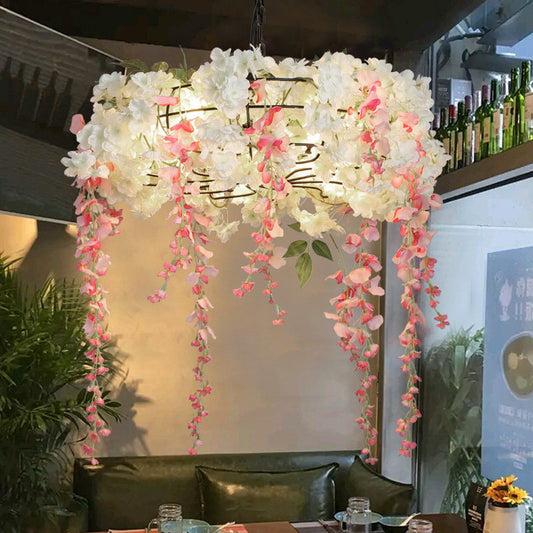 Metal Round Chandelier Light Fixture Industrial 4/5 Lights Restaurant Hanging Lamp Kit in Pink with Flower Decoration Clearhalo 'Cast Iron' 'Ceiling Lights' 'Chandeliers' 'Industrial Chandeliers' 'Industrial' 'Metal' 'Middle Century Chandeliers' 'Rustic Chandeliers' 'Tiffany' Lighting' 359702