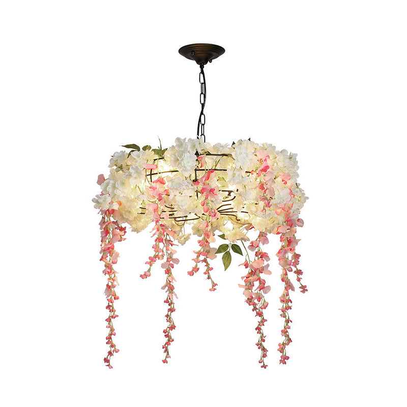 Metal Round Chandelier Light Fixture Industrial 4/5 Lights Restaurant Hanging Lamp Kit in Pink with Flower Decoration Clearhalo 'Cast Iron' 'Ceiling Lights' 'Chandeliers' 'Industrial Chandeliers' 'Industrial' 'Metal' 'Middle Century Chandeliers' 'Rustic Chandeliers' 'Tiffany' Lighting' 359704