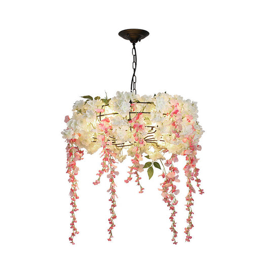 Metal Round Chandelier Light Fixture Industrial 4/5 Lights Restaurant Hanging Lamp Kit in Pink with Flower Decoration Clearhalo 'Cast Iron' 'Ceiling Lights' 'Chandeliers' 'Industrial Chandeliers' 'Industrial' 'Metal' 'Middle Century Chandeliers' 'Rustic Chandeliers' 'Tiffany' Lighting' 359704
