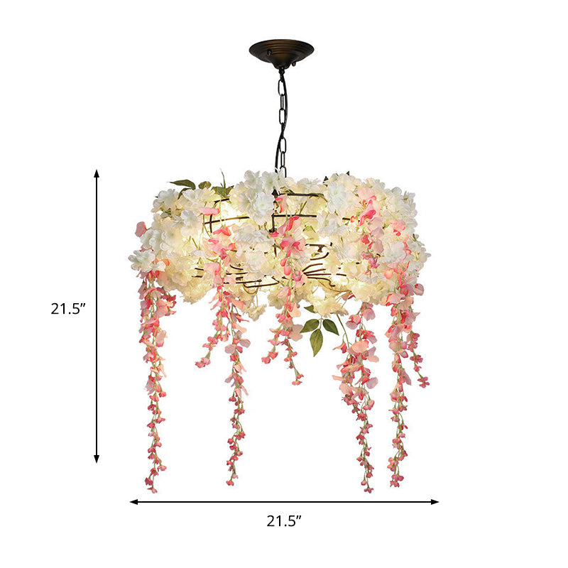 Metal Round Chandelier Light Fixture Industrial 4/5 Lights Restaurant Hanging Lamp Kit in Pink with Flower Decoration Clearhalo 'Cast Iron' 'Ceiling Lights' 'Chandeliers' 'Industrial Chandeliers' 'Industrial' 'Metal' 'Middle Century Chandeliers' 'Rustic Chandeliers' 'Tiffany' Lighting' 359705