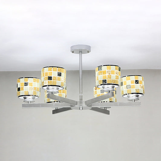 Modern Mosaic Hanging Ceiling Light 6 Lights Blue/Yellow Glass Hanging Chandelier in Chrome Finish Yellow Clearhalo 'Ceiling Lights' 'Chandeliers' 'Industrial' 'Middle Century Chandeliers' 'Tiffany Chandeliers' 'Tiffany close to ceiling' 'Tiffany' Lighting' 35971