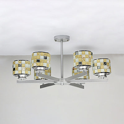 Modern Mosaic Hanging Ceiling Light 6 Lights Blue/Yellow Glass Hanging Chandelier in Chrome Finish Clearhalo 'Ceiling Lights' 'Chandeliers' 'Industrial' 'Middle Century Chandeliers' 'Tiffany Chandeliers' 'Tiffany close to ceiling' 'Tiffany' Lighting' 35972
