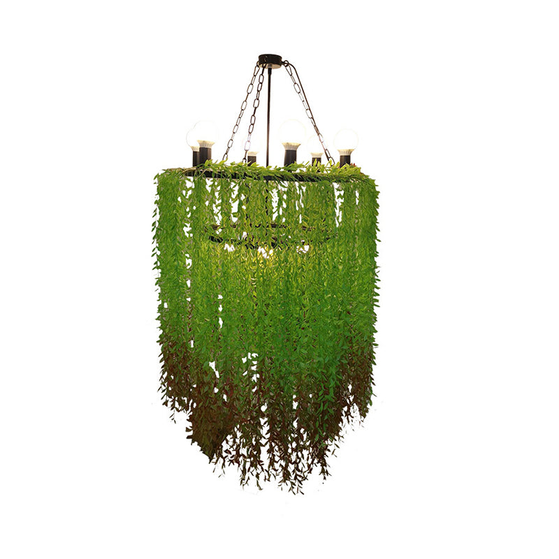 6 Heads Cylinder Chandelier Lamp Industrial Green Metal Suspension Lighting with Plant Decoration Clearhalo 'Cast Iron' 'Ceiling Lights' 'Chandeliers' 'Industrial Chandeliers' 'Industrial' 'Metal' 'Middle Century Chandeliers' 'Rustic Chandeliers' 'Tiffany' Lighting' 359720
