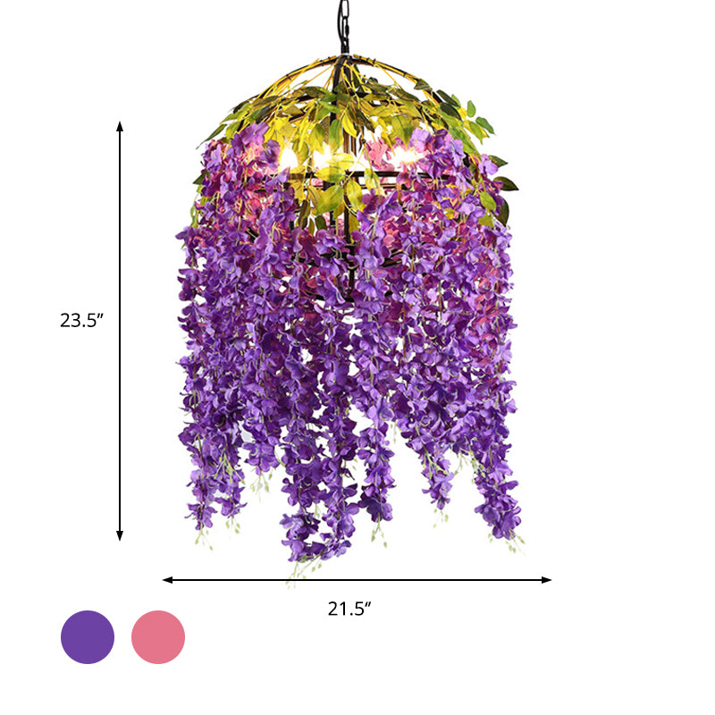 Pink/Purple 4/5 Heads Pendant Chandelier Industrial Metal Dome Hanging Lamp Kit with Plant Design, 18"/21.5" Wide Clearhalo 'Cast Iron' 'Ceiling Lights' 'Chandeliers' 'Industrial Chandeliers' 'Industrial' 'Metal' 'Middle Century Chandeliers' 'Rustic Chandeliers' 'Tiffany' Lighting' 359737
