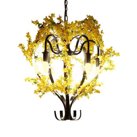 5 Heads Lantern Ceiling Pendant Industrial Yellow Metal Chandelier Light with Flower Decoration Clearhalo 'Cast Iron' 'Ceiling Lights' 'Chandeliers' 'Industrial Chandeliers' 'Industrial' 'Metal' 'Middle Century Chandeliers' 'Rustic Chandeliers' 'Tiffany' Lighting' 359748