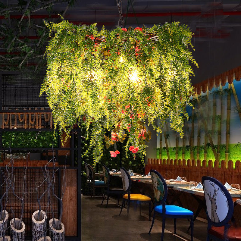 Green LED Ceiling Light Industrial Metal Open Cage Chandelier Lighting with Plant Decoration, 18"/23.5"/31.5" Wide Clearhalo 'Cast Iron' 'Ceiling Lights' 'Chandeliers' 'Industrial Chandeliers' 'Industrial' 'Metal' 'Middle Century Chandeliers' 'Rustic Chandeliers' 'Tiffany' Lighting' 359756