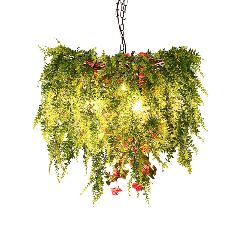 Green LED Ceiling Light Industrial Metal Open Cage Chandelier Lighting with Plant Decoration, 18"/23.5"/31.5" Wide Clearhalo 'Cast Iron' 'Ceiling Lights' 'Chandeliers' 'Industrial Chandeliers' 'Industrial' 'Metal' 'Middle Century Chandeliers' 'Rustic Chandeliers' 'Tiffany' Lighting' 359758