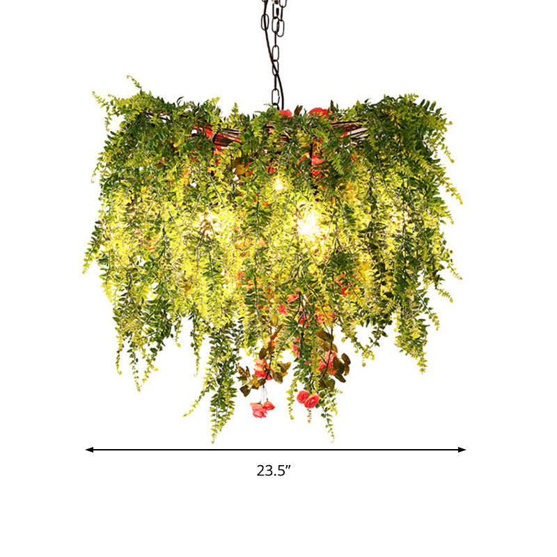 Green LED Ceiling Light Industrial Metal Open Cage Chandelier Lighting with Plant Decoration, 18"/23.5"/31.5" Wide Clearhalo 'Cast Iron' 'Ceiling Lights' 'Chandeliers' 'Industrial Chandeliers' 'Industrial' 'Metal' 'Middle Century Chandeliers' 'Rustic Chandeliers' 'Tiffany' Lighting' 359760