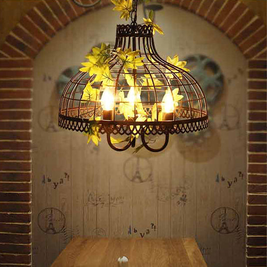 Metal Dome Ceiling Pendant Light Industrial 3 Heads Restaurant Hanging Chandelier with Flower Decoration in Black Clearhalo 'Cast Iron' 'Ceiling Lights' 'Chandeliers' 'Industrial Chandeliers' 'Industrial' 'Metal' 'Middle Century Chandeliers' 'Rustic Chandeliers' 'Tiffany' Lighting' 359769