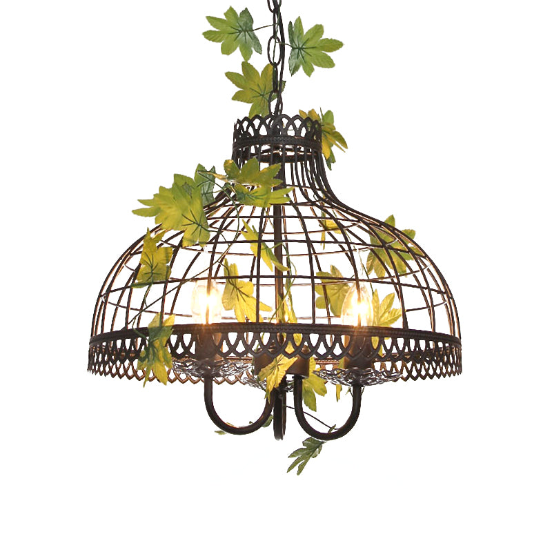 Metal Dome Ceiling Pendant Light Industrial 3 Heads Restaurant Hanging Chandelier with Flower Decoration in Black Clearhalo 'Cast Iron' 'Ceiling Lights' 'Chandeliers' 'Industrial Chandeliers' 'Industrial' 'Metal' 'Middle Century Chandeliers' 'Rustic Chandeliers' 'Tiffany' Lighting' 359771