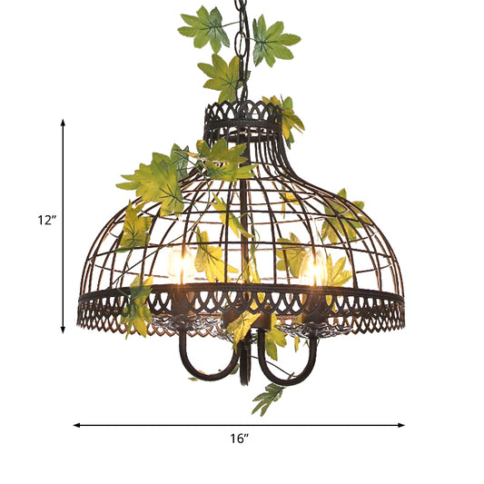 Metal Dome Ceiling Pendant Light Industrial 3 Heads Restaurant Hanging Chandelier with Flower Decoration in Black Clearhalo 'Cast Iron' 'Ceiling Lights' 'Chandeliers' 'Industrial Chandeliers' 'Industrial' 'Metal' 'Middle Century Chandeliers' 'Rustic Chandeliers' 'Tiffany' Lighting' 359772