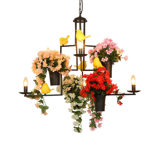 6 Heads Candelabra Suspension Pendant Industrial Black Metal Chandelier Pendant Light with Flower Decoration Clearhalo 'Cast Iron' 'Ceiling Lights' 'Chandeliers' 'Industrial Chandeliers' 'Industrial' 'Metal' 'Middle Century Chandeliers' 'Rustic Chandeliers' 'Tiffany' Lighting' 359776