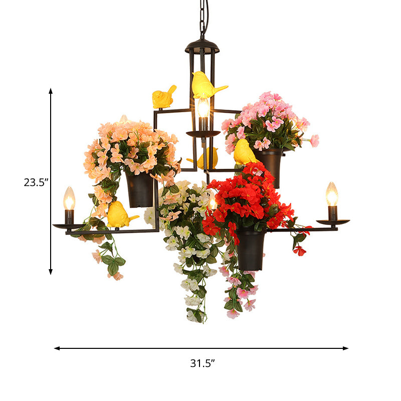 6 Heads Candelabra Suspension Pendant Industrial Black Metal Chandelier Pendant Light with Flower Decoration Clearhalo 'Cast Iron' 'Ceiling Lights' 'Chandeliers' 'Industrial Chandeliers' 'Industrial' 'Metal' 'Middle Century Chandeliers' 'Rustic Chandeliers' 'Tiffany' Lighting' 359777
