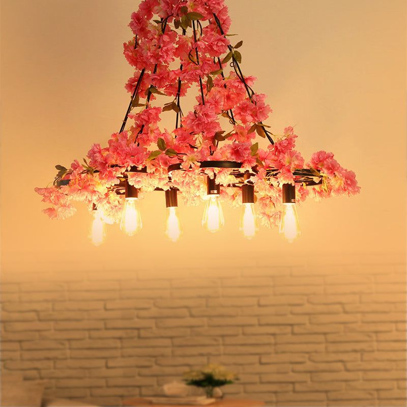 Bare Bulb Restaurant Chandelier Light Industrial 6 Bulbs LED Pink Flower Hanging Lamp Pink Clearhalo 'Cast Iron' 'Ceiling Lights' 'Chandeliers' 'Industrial Chandeliers' 'Industrial' 'Metal' 'Middle Century Chandeliers' 'Rustic Chandeliers' 'Tiffany' Lighting' 359820