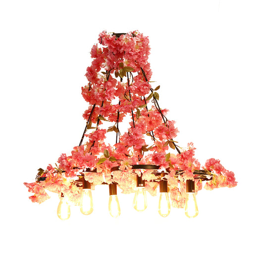 Bare Bulb Restaurant Chandelier Light Industrial 6 Bulbs LED Pink Flower Hanging Lamp Clearhalo 'Cast Iron' 'Ceiling Lights' 'Chandeliers' 'Industrial Chandeliers' 'Industrial' 'Metal' 'Middle Century Chandeliers' 'Rustic Chandeliers' 'Tiffany' Lighting' 359822