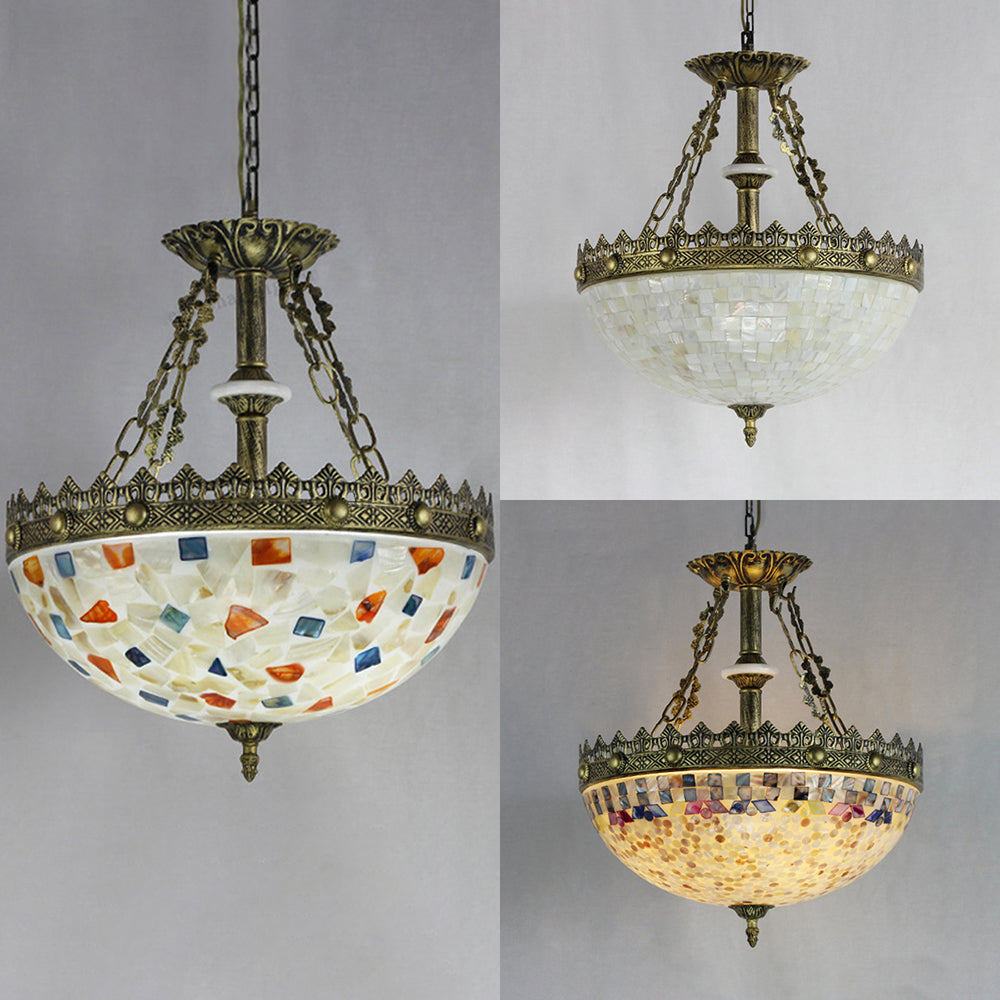 Stained Glass Bowl Pendant Light with Metal Chain Vintage Hanging Ceiling Light in White/Beige/Orange-Blue for Foyer Clearhalo 'Ceiling Lights' 'Chandeliers' 'Industrial' 'Middle Century Chandeliers' 'Tiffany Chandeliers' 'Tiffany close to ceiling' 'Tiffany' Lighting' 35983