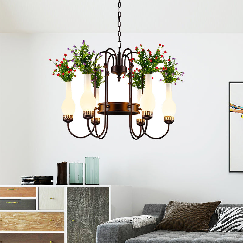 Industrial Vase Chandelier Light Fixture 6 Bulbs Metal LED Plant Suspension Lighting in Brass Clearhalo 'Cast Iron' 'Ceiling Lights' 'Chandeliers' 'Industrial Chandeliers' 'Industrial' 'Metal' 'Middle Century Chandeliers' 'Rustic Chandeliers' 'Tiffany' Lighting' 359835