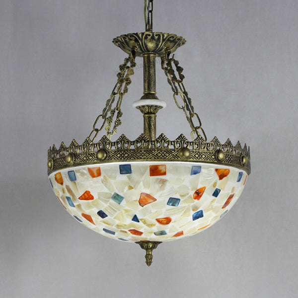 Stained Glass Bowl Pendant Light with Metal Chain Vintage Hanging Ceiling Light in White/Beige/Orange-Blue for Foyer Clearhalo 'Ceiling Lights' 'Chandeliers' 'Industrial' 'Middle Century Chandeliers' 'Tiffany Chandeliers' 'Tiffany close to ceiling' 'Tiffany' Lighting' 35984