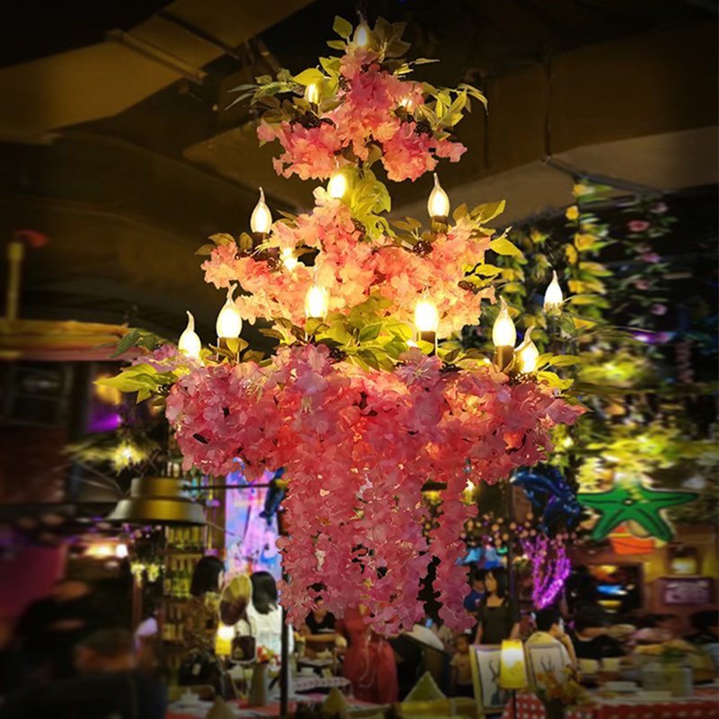 Metal Blossom Pendant Chandelier Antique 21 Bulbs Restaurant LED Ceiling Suspension Lamp in Pink Clearhalo 'Cast Iron' 'Ceiling Lights' 'Chandeliers' 'Industrial Chandeliers' 'Industrial' 'Metal' 'Middle Century Chandeliers' 'Rustic Chandeliers' 'Tiffany' Lighting' 359854