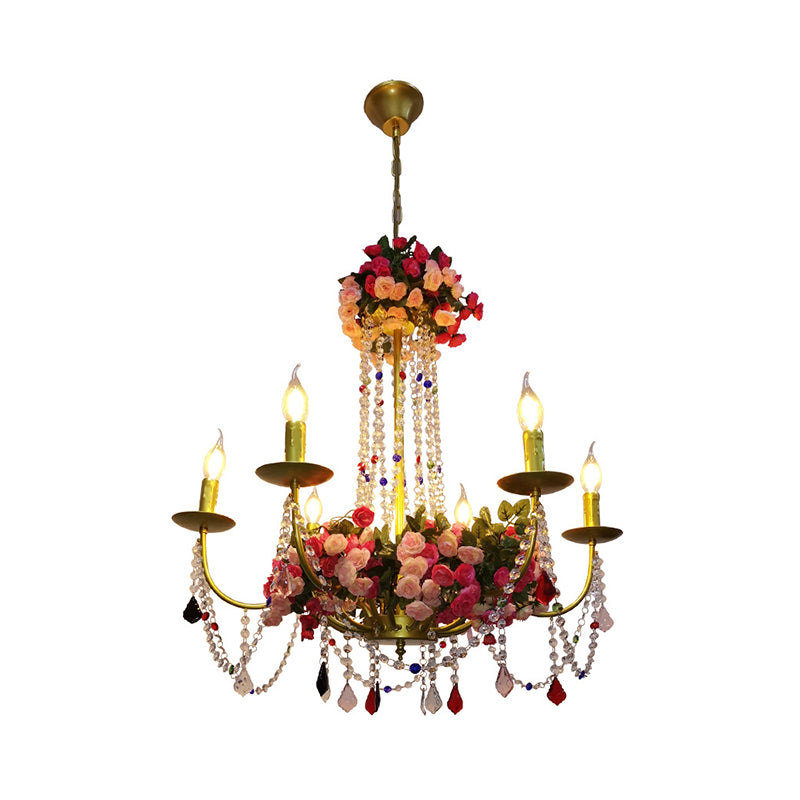 6 Lights Metal Ceiling Chandelier Retro Gold Candle Restaurant LED Flower Down Lighting with Crystal Accent Clearhalo 'Cast Iron' 'Ceiling Lights' 'Chandeliers' 'Industrial Chandeliers' 'Industrial' 'Metal' 'Middle Century Chandeliers' 'Rustic Chandeliers' 'Tiffany' Lighting' 359869