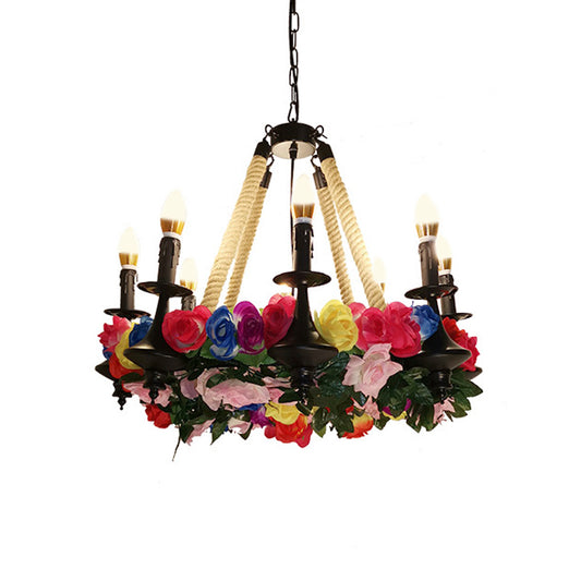 Vintage Candle Chandelier Light Fixture 6 Heads Hemp Rope LED Flower Pendant Lamp in Black for Restaurant Clearhalo 'Ceiling Lights' 'Chandeliers' 'Industrial Chandeliers' 'Industrial' 'Middle Century Chandeliers' 'Tiffany' Lighting' 359884