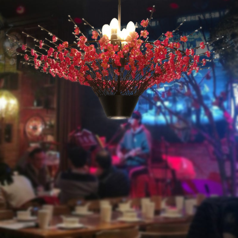 Floral Metal Chandelier Pendant Light Antique 4 Lights LED Restaurant Suspension Lamp in Pink, 31.5"/39" W Pink Clearhalo 'Cast Iron' 'Ceiling Lights' 'Chandeliers' 'Industrial Chandeliers' 'Industrial' 'Metal' 'Middle Century Chandeliers' 'Rustic Chandeliers' 'Tiffany' Lighting' 359891