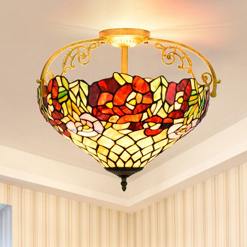 Blossom Stained Glass Semi Flush Light Fixture Tiffany 3 Lights Yellow Ceiling Lighting Clearhalo 'Ceiling Lights' 'Close To Ceiling Lights' 'Close to ceiling' 'Glass shade' 'Glass' 'Semi-flushmount' 'Tiffany close to ceiling' 'Tiffany' Lighting' 360502