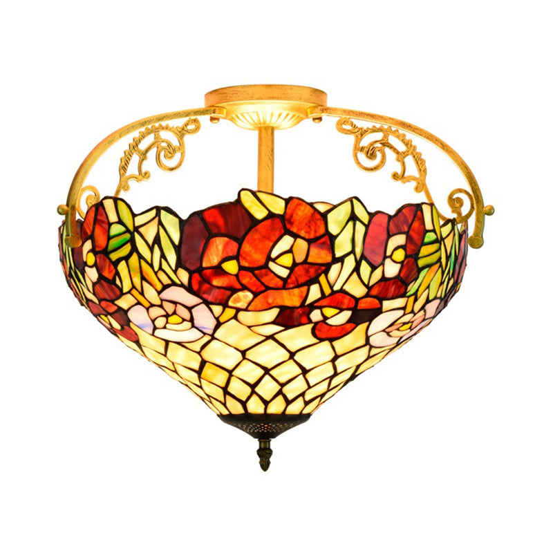 Blossom Stained Glass Semi Flush Light Fixture Tiffany 3 Lights Yellow Ceiling Lighting Clearhalo 'Ceiling Lights' 'Close To Ceiling Lights' 'Close to ceiling' 'Glass shade' 'Glass' 'Semi-flushmount' 'Tiffany close to ceiling' 'Tiffany' Lighting' 360503