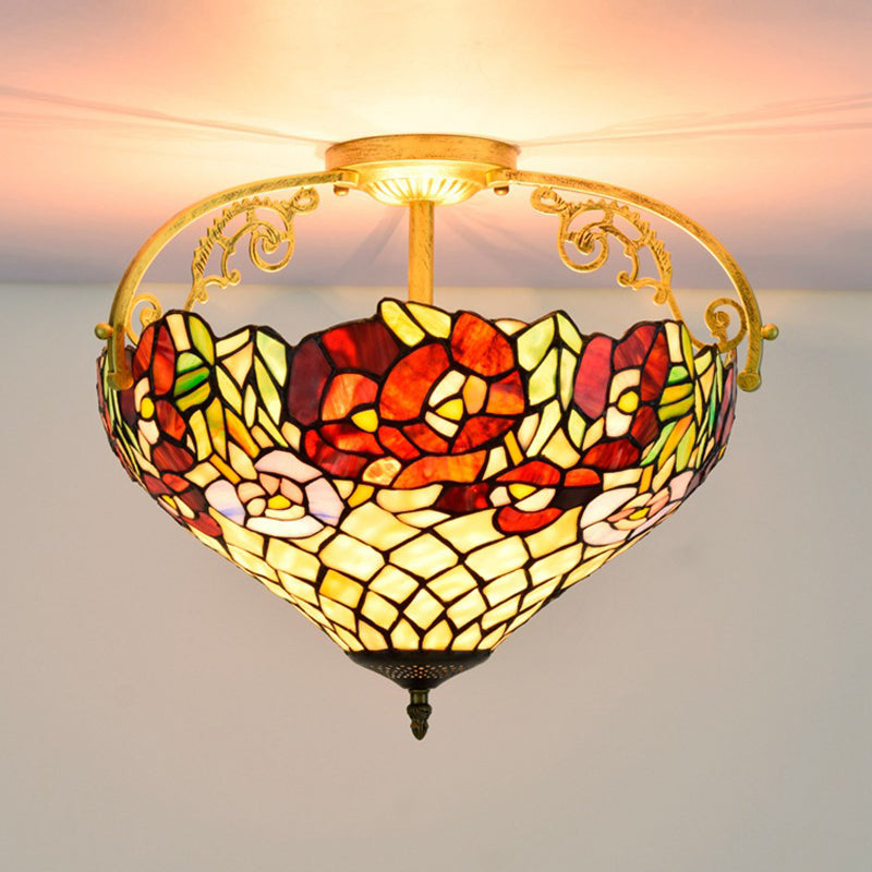 Blossom Stained Glass Semi Flush Light Fixture Tiffany 3 Lights Yellow Ceiling Lighting Clearhalo 'Ceiling Lights' 'Close To Ceiling Lights' 'Close to ceiling' 'Glass shade' 'Glass' 'Semi-flushmount' 'Tiffany close to ceiling' 'Tiffany' Lighting' 360504