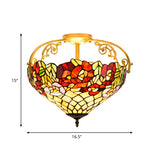 Blossom Stained Glass Semi Flush Light Fixture Tiffany 3 Lights Yellow Ceiling Lighting Clearhalo 'Ceiling Lights' 'Close To Ceiling Lights' 'Close to ceiling' 'Glass shade' 'Glass' 'Semi-flushmount' 'Tiffany close to ceiling' 'Tiffany' Lighting' 360505