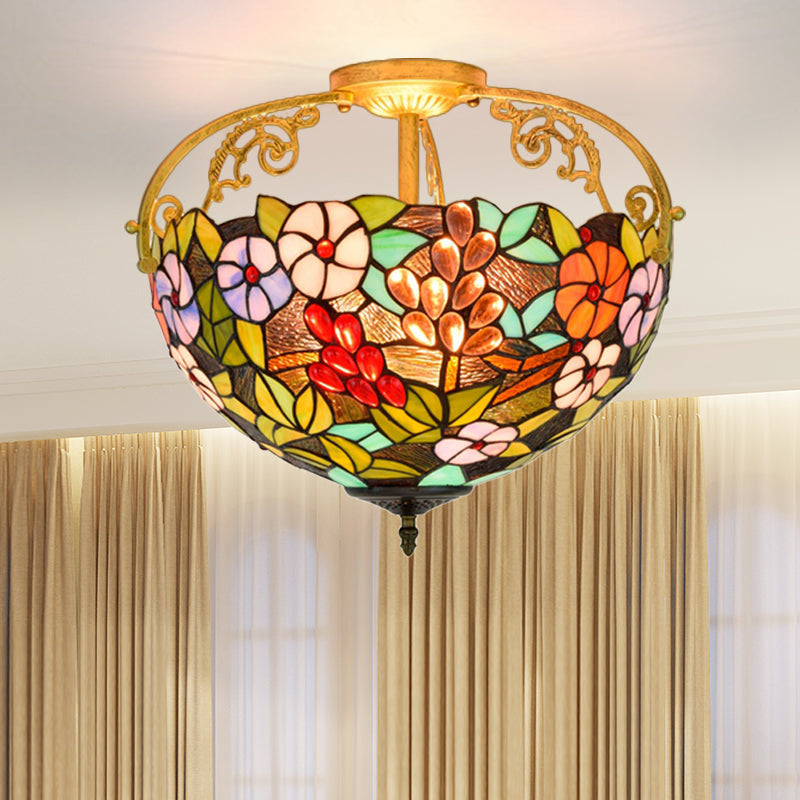Floral Semi Mount Lighting 3 Lights Cut Glass Victorian Ceiling Light Fixture in Green for Bedroom Green Clearhalo 'Ceiling Lights' 'Chandeliers' 'Close To Ceiling Lights' 'Close to ceiling' 'Glass shade' 'Glass' 'Semi-flushmount' 'Tiffany close to ceiling' 'Tiffany' Lighting' 360506