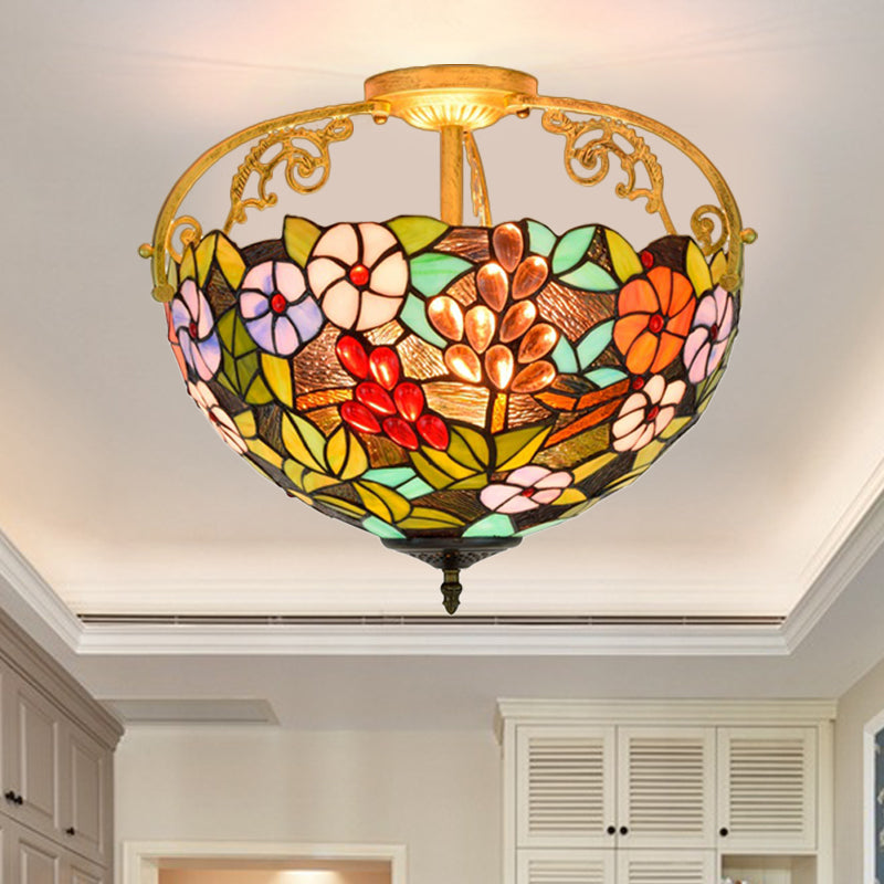 Floral Semi Mount Lighting 3 Lights Cut Glass Victorian Ceiling Light Fixture in Green for Bedroom Clearhalo 'Ceiling Lights' 'Chandeliers' 'Close To Ceiling Lights' 'Close to ceiling' 'Glass shade' 'Glass' 'Semi-flushmount' 'Tiffany close to ceiling' 'Tiffany' Lighting' 360507