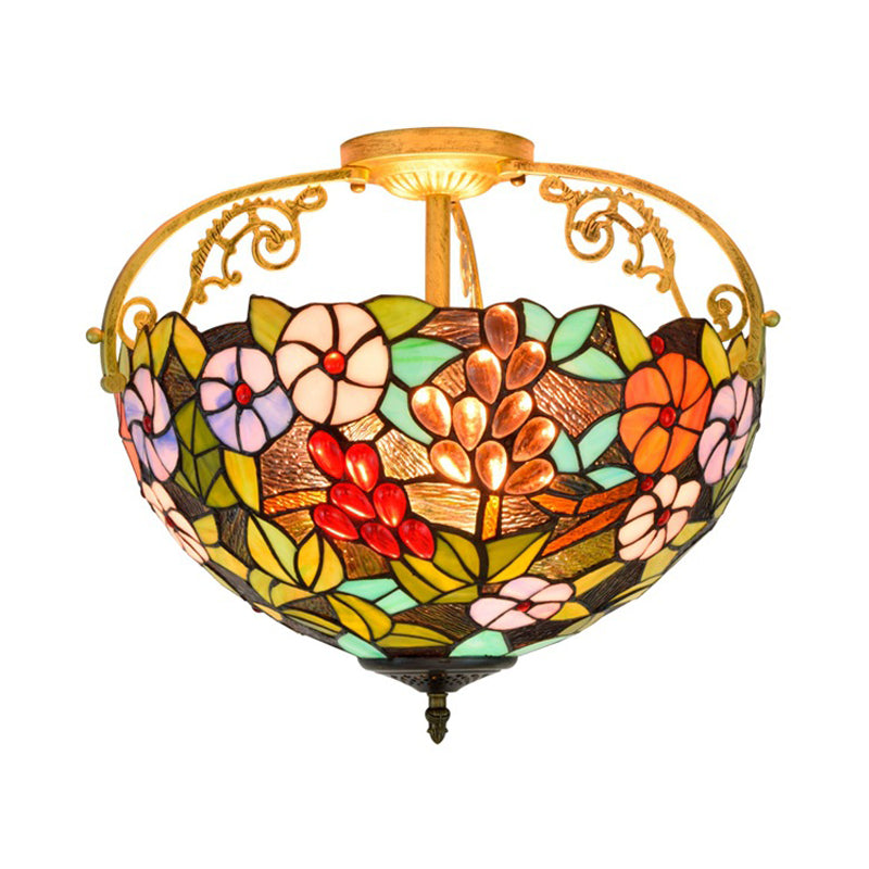 Floral Semi Mount Lighting 3 Lights Cut Glass Victorian Ceiling Light Fixture in Green for Bedroom Clearhalo 'Ceiling Lights' 'Chandeliers' 'Close To Ceiling Lights' 'Close to ceiling' 'Glass shade' 'Glass' 'Semi-flushmount' 'Tiffany close to ceiling' 'Tiffany' Lighting' 360508