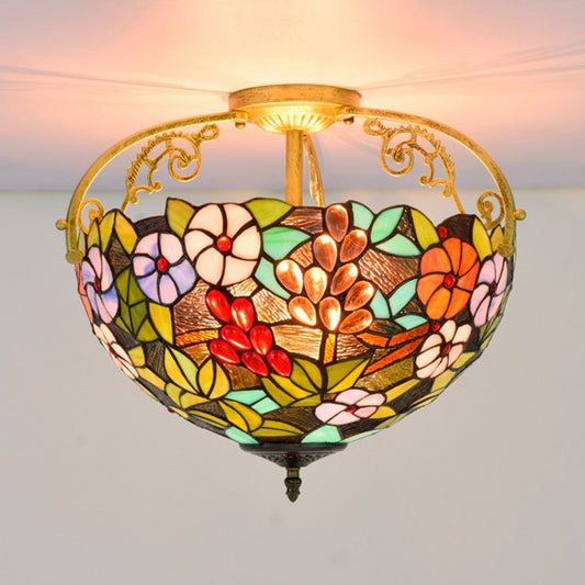 Floral Semi Mount Lighting 3 Lights Cut Glass Victorian Ceiling Light Fixture in Green for Bedroom Clearhalo 'Ceiling Lights' 'Chandeliers' 'Close To Ceiling Lights' 'Close to ceiling' 'Glass shade' 'Glass' 'Semi-flushmount' 'Tiffany close to ceiling' 'Tiffany' Lighting' 360509