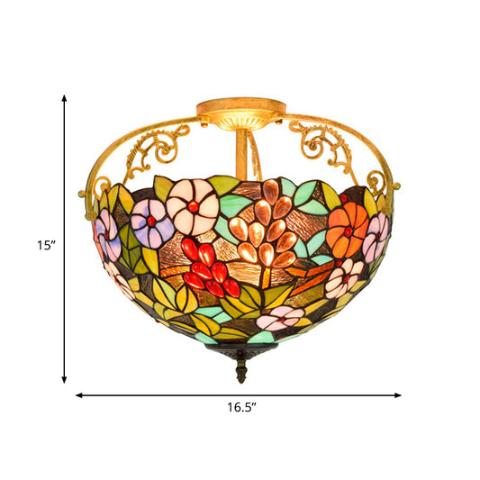 Floral Semi Mount Lighting 3 Lights Cut Glass Victorian Ceiling Light Fixture in Green for Bedroom Clearhalo 'Ceiling Lights' 'Chandeliers' 'Close To Ceiling Lights' 'Close to ceiling' 'Glass shade' 'Glass' 'Semi-flushmount' 'Tiffany close to ceiling' 'Tiffany' Lighting' 360510