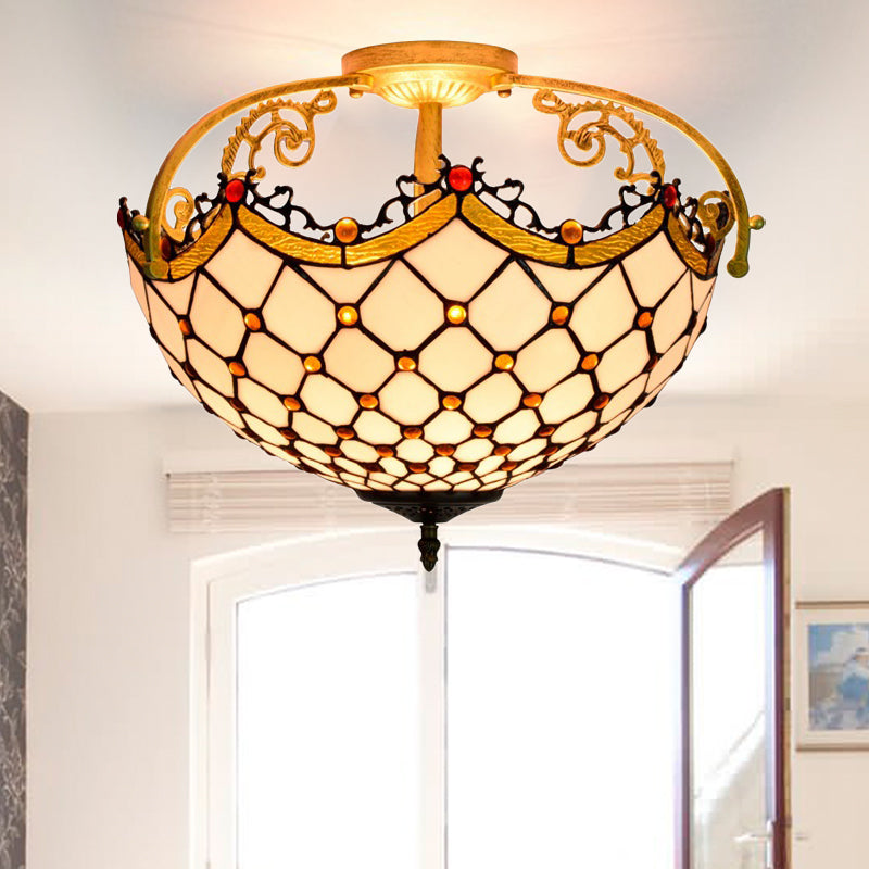 3 Lights Scalloped Semi Flush Light Baroque Beige Stained Glass Ceiling Mount for Corridor Beige Clearhalo 'Ceiling Lights' 'Chandeliers' 'Close To Ceiling Lights' 'Close to ceiling' 'Glass shade' 'Glass' 'Semi-flushmount' 'Tiffany close to ceiling' 'Tiffany' Lighting' 360511