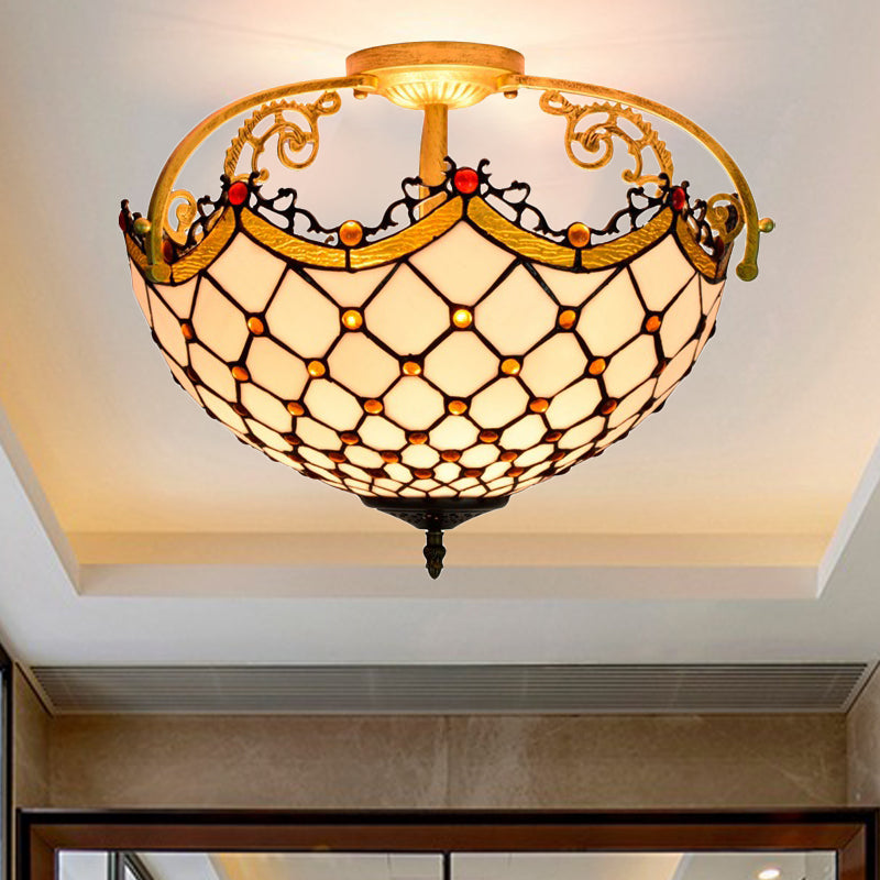 3 Lights Scalloped Semi Flush Light Baroque Beige Stained Glass Ceiling Mount for Corridor Clearhalo 'Ceiling Lights' 'Chandeliers' 'Close To Ceiling Lights' 'Close to ceiling' 'Glass shade' 'Glass' 'Semi-flushmount' 'Tiffany close to ceiling' 'Tiffany' Lighting' 360512