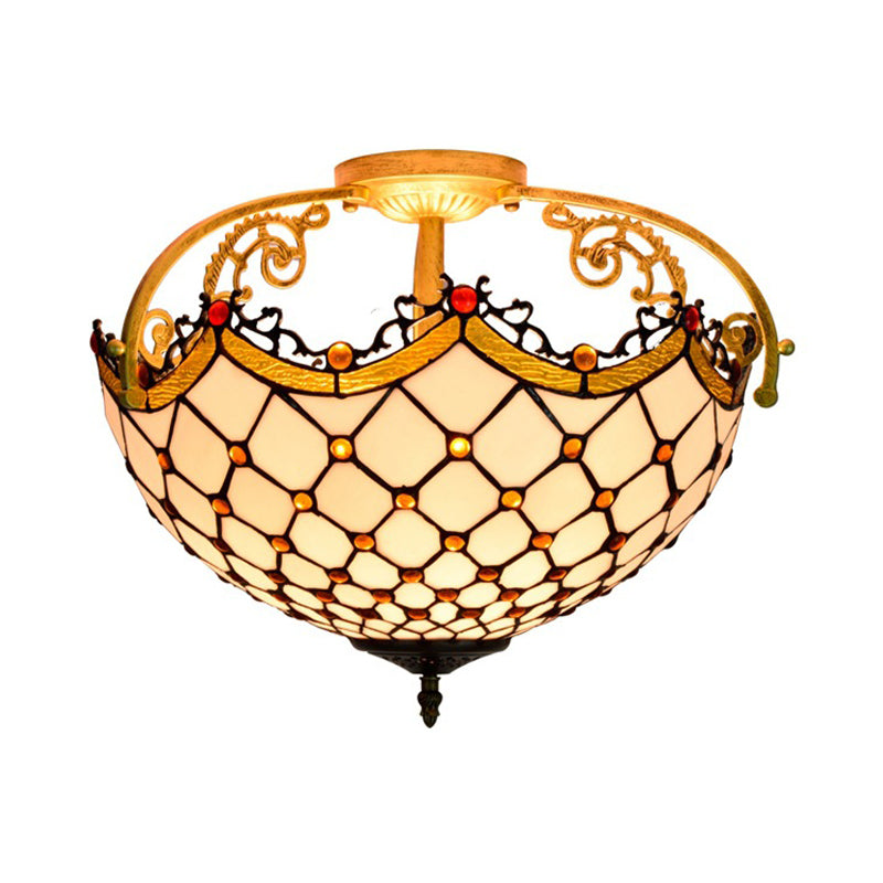 3 Lights Scalloped Semi Flush Light Baroque Beige Stained Glass Ceiling Mount for Corridor Clearhalo 'Ceiling Lights' 'Chandeliers' 'Close To Ceiling Lights' 'Close to ceiling' 'Glass shade' 'Glass' 'Semi-flushmount' 'Tiffany close to ceiling' 'Tiffany' Lighting' 360513