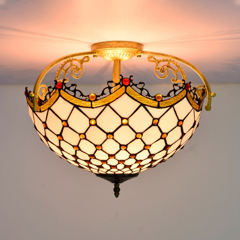 3 Lights Scalloped Semi Flush Light Baroque Beige Stained Glass Ceiling Mount for Corridor Clearhalo 'Ceiling Lights' 'Chandeliers' 'Close To Ceiling Lights' 'Close to ceiling' 'Glass shade' 'Glass' 'Semi-flushmount' 'Tiffany close to ceiling' 'Tiffany' Lighting' 360514