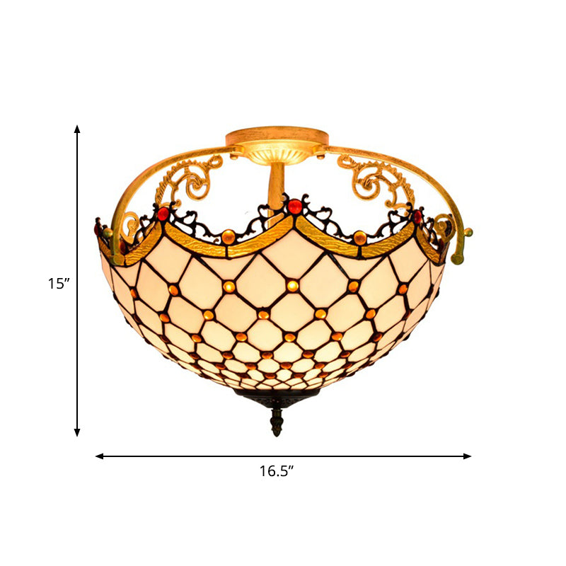 3 Lights Scalloped Semi Flush Light Baroque Beige Stained Glass Ceiling Mount for Corridor Clearhalo 'Ceiling Lights' 'Chandeliers' 'Close To Ceiling Lights' 'Close to ceiling' 'Glass shade' 'Glass' 'Semi-flushmount' 'Tiffany close to ceiling' 'Tiffany' Lighting' 360515