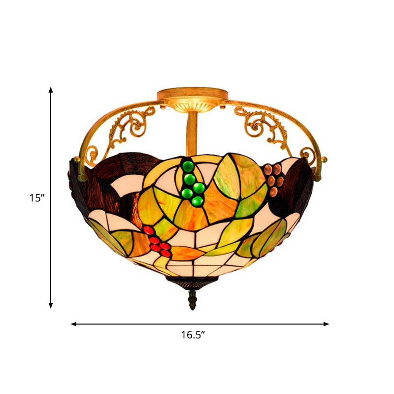Brass 2/3 Lights Semi-Flush Mount Light Tiffany Cut Glass Bowl Ceiling Fixture for Bedroom