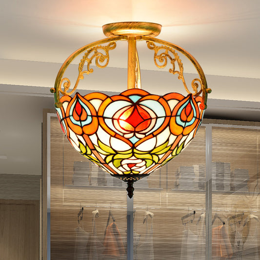 2/3 Lights Petal Semi Flush Mediterranean Red Cut Glass Close to Ceiling Lamp for Bedroom 2 Red Clearhalo 'Ceiling Lights' 'Close To Ceiling Lights' 'Close to ceiling' 'Glass shade' 'Glass' 'Semi-flushmount' 'Tiffany close to ceiling' 'Tiffany' Lighting' 360529